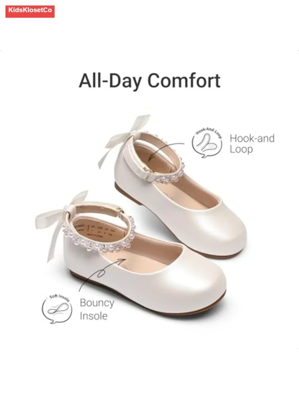 Toddler Girl Mary Jane Ballet Flat Shoes with Pearl Ankle Strap & Satin Bow